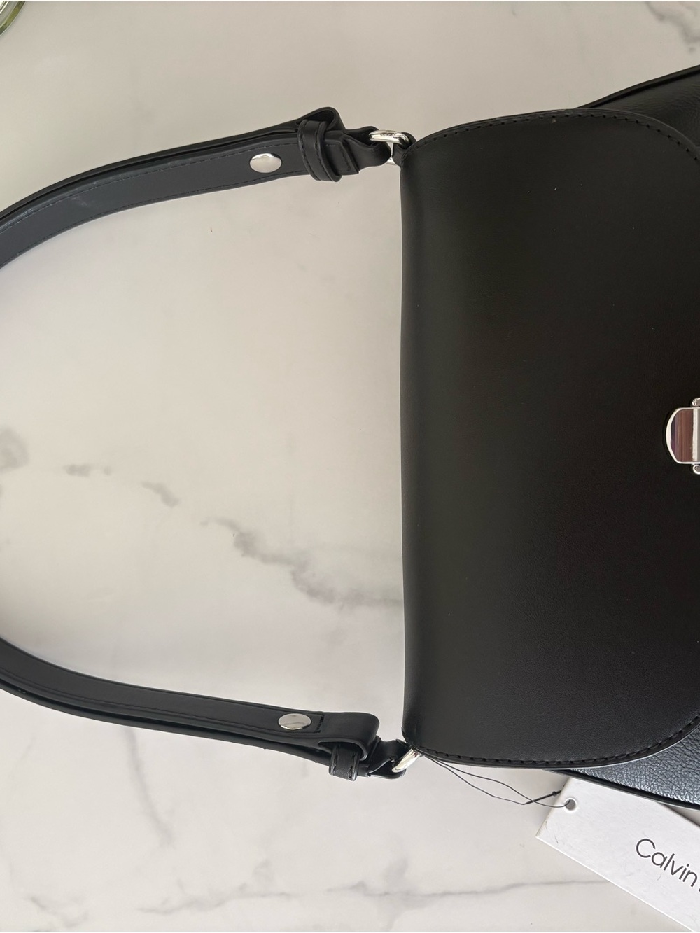 Calvin Klein Black Crossbody Saddle Bag with Silver Hardware
